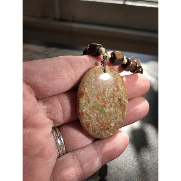 Autumn Jasper Stone Pendant Necklace w Square Wooden Beads Boho Handmade Hippie - Picture 2 of 16